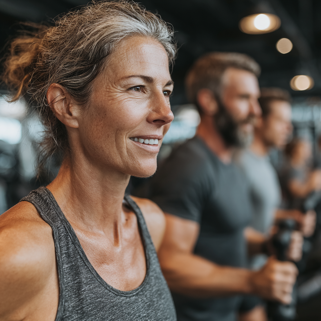 Diverse group of people in their 40s and 50s performing various workout exercises including strength training and cardio in a well-equipped fitness center