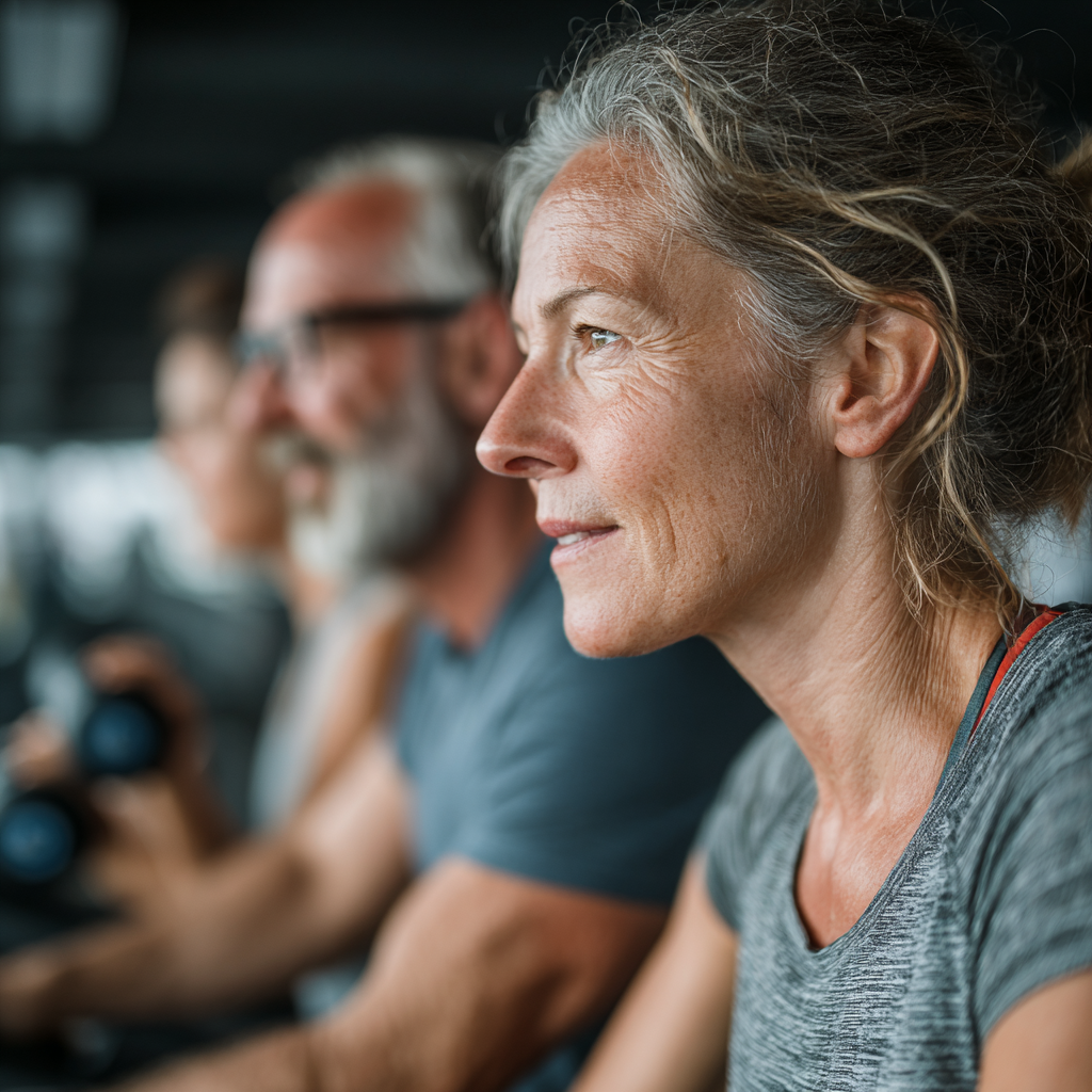 Middle-aged adults exercising together in a modern gym, showing determination and focus during their workout session