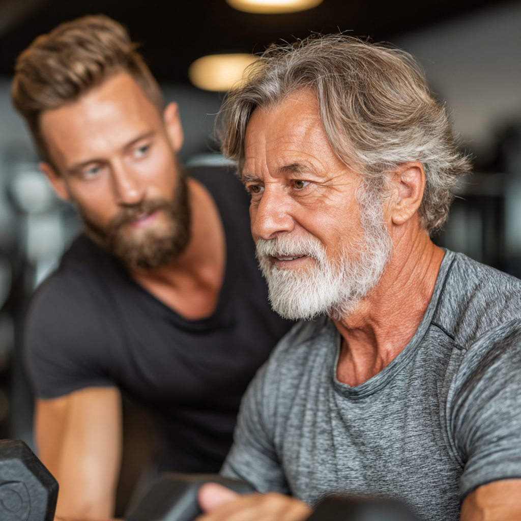 Professional fitness trainer working one-on-one with a middle-aged client, providing personalized guidance and support during an exercise session